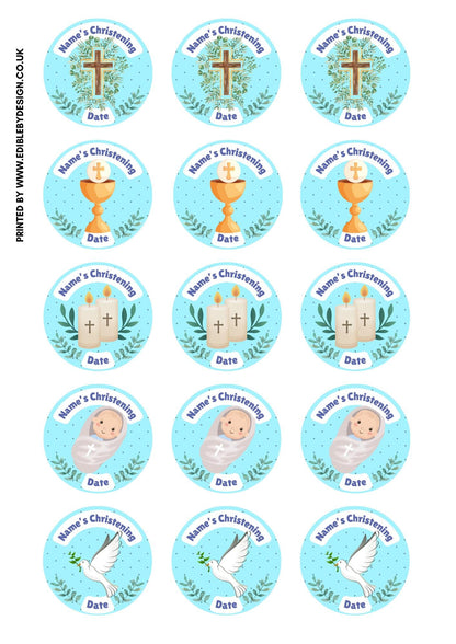Christening Cake Toppers Baby Boy Blue Personalised with Name and date matching Invitations Stickers Balloon & Party Pack