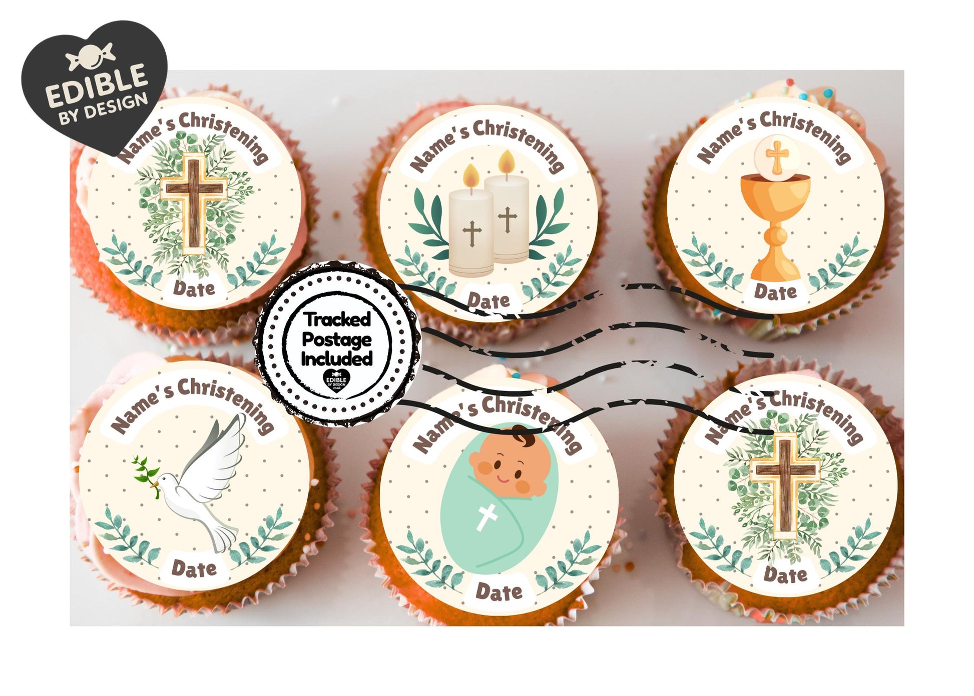 Christening Cake Toppers Personalised Name Neutral Colours matching Invitations Stickers Balloon Party Pack