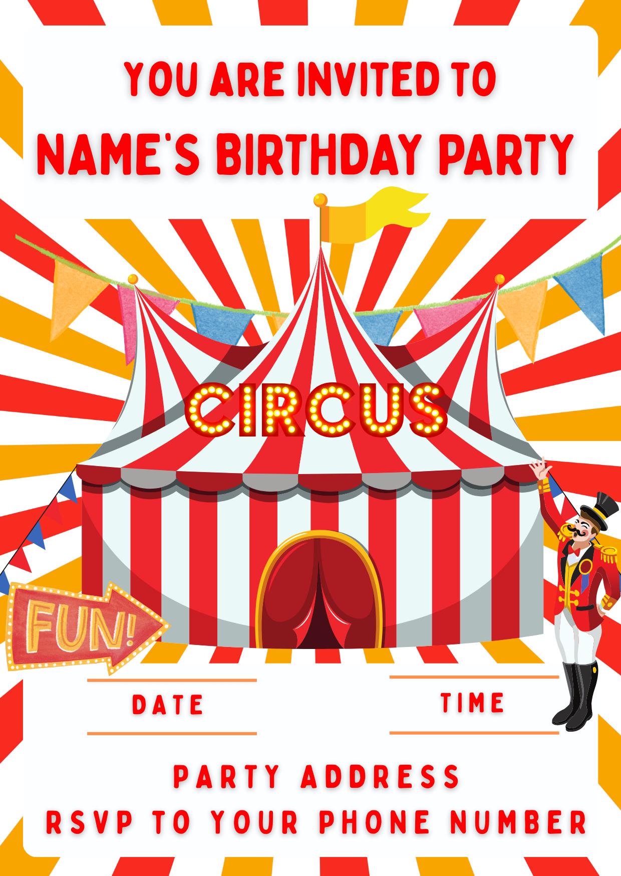 Circus Big Top Clown Acrobat Personalised Birthday Cake Toppers matching Invitations Stickers Balloon Party Pack