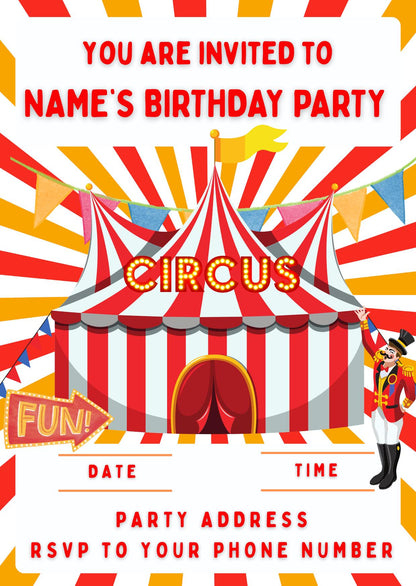 Circus Big Top Clown Acrobat Personalised Birthday Cake Toppers matching Invitations Stickers Balloon Party Pack