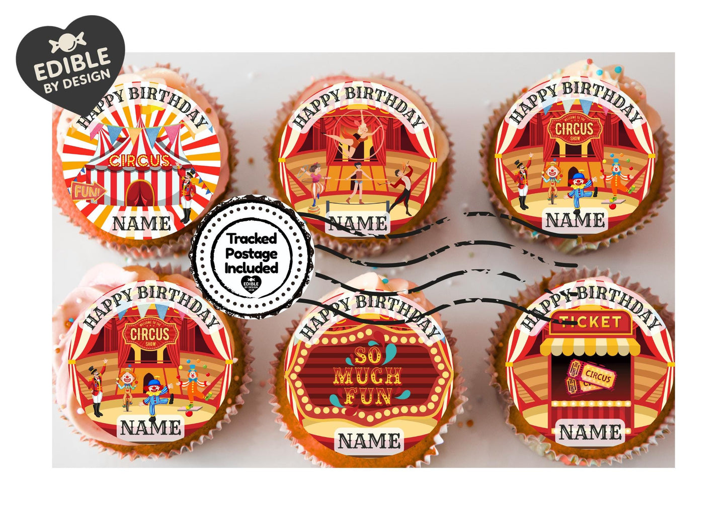 Circus Big Top Clown Acrobat Personalised Birthday Cake Toppers matching Invitations Stickers Balloon Party Pack