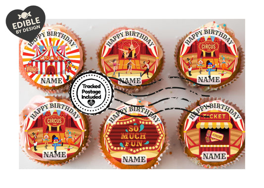 Circus Big Top Clown Acrobat Personalised Birthday Cake Toppers matching Invitations Stickers Balloon Party Pack