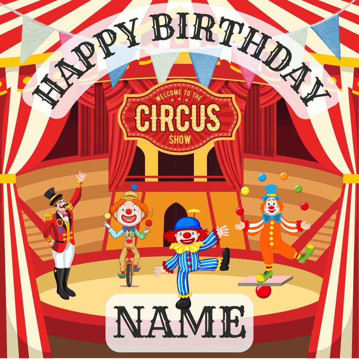 Circus Big Top Clown Acrobat Personalised Birthday Cake Toppers matching Invitations Stickers Balloon Party Pack