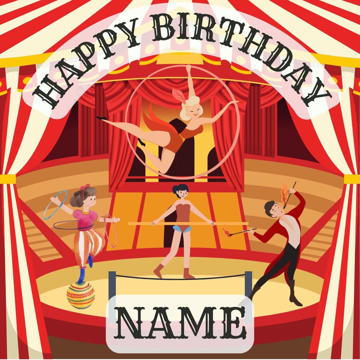 Circus Big Top Clown Acrobat Personalised Birthday Cake Toppers matching Invitations Stickers Balloon Party Pack