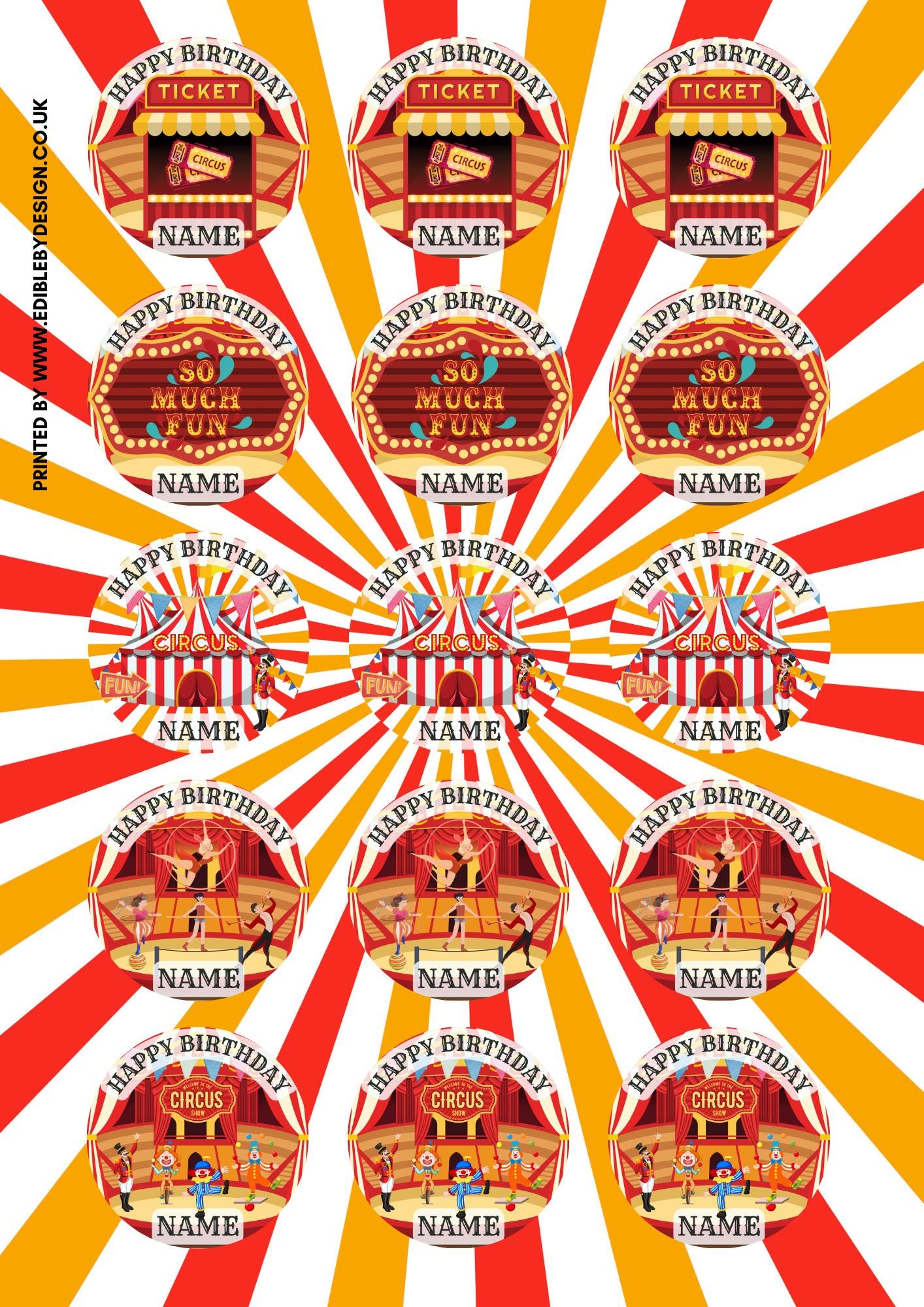 Circus Big Top Clown Acrobat Personalised Birthday Cake Toppers matching Invitations Stickers Balloon Party Pack