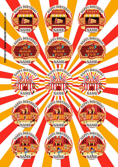 Circus Big Top Clown Acrobat Personalised Birthday Cake Toppers matching Invitations Stickers Balloon Party Pack