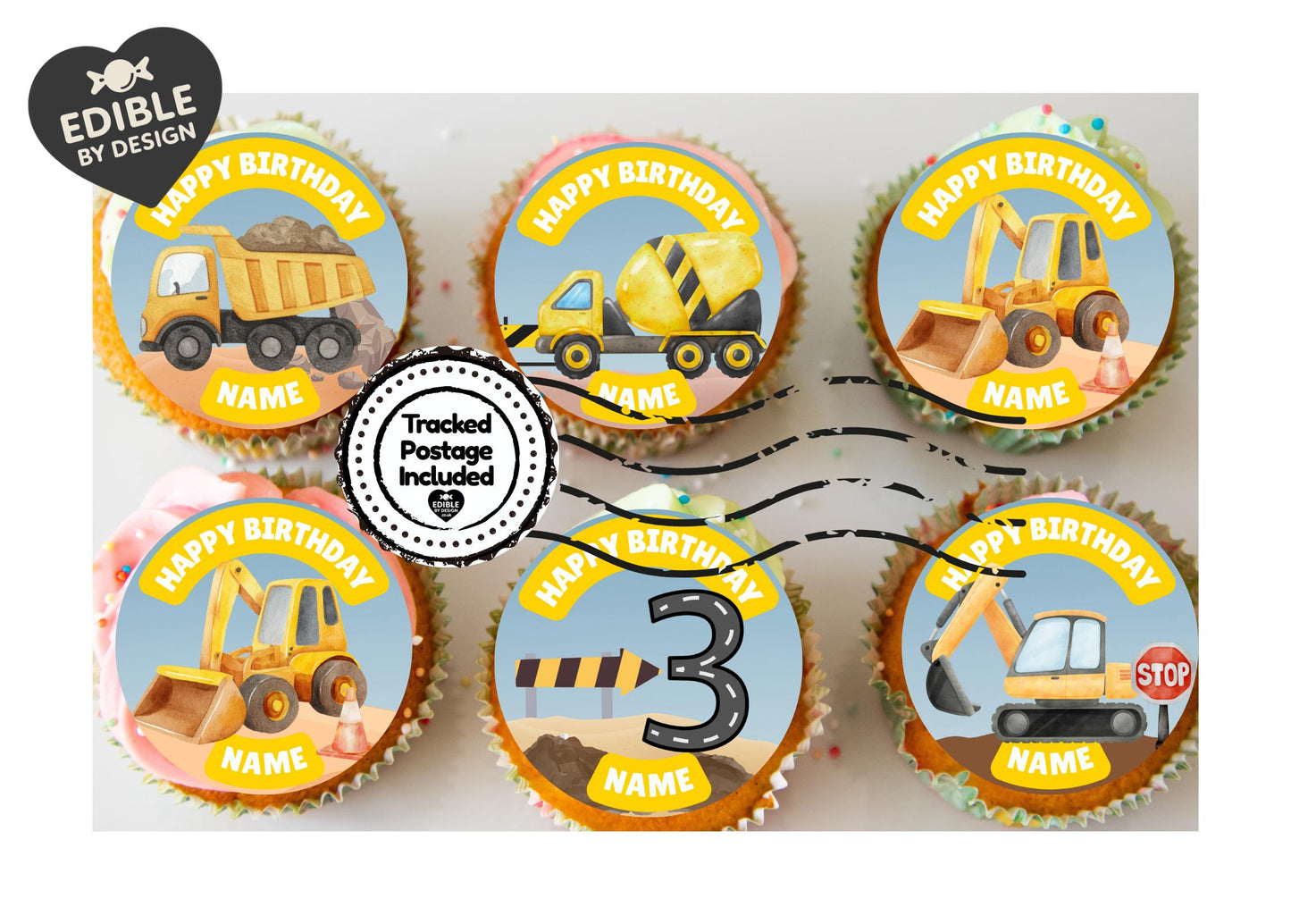 Construction Digger Building Theme Birthday Cake Toppers matching Invitations Stickers Balloon Party Pack