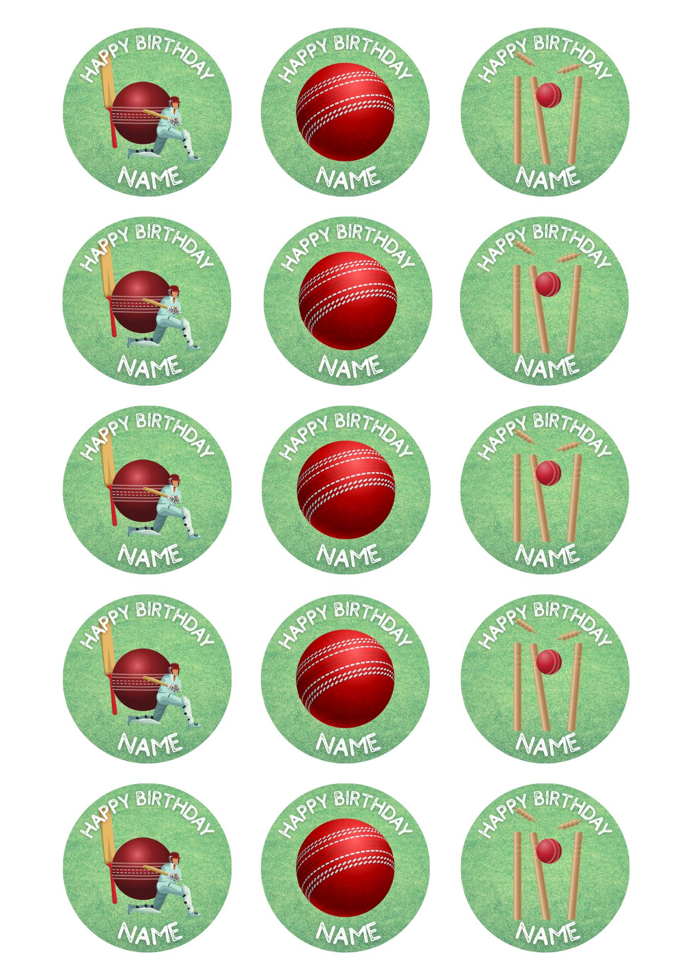 Cricket Birthday Cake Toppers Edible Icing Wafer Personalised Name and Age Matching Stickers Balloon Invitations Pack