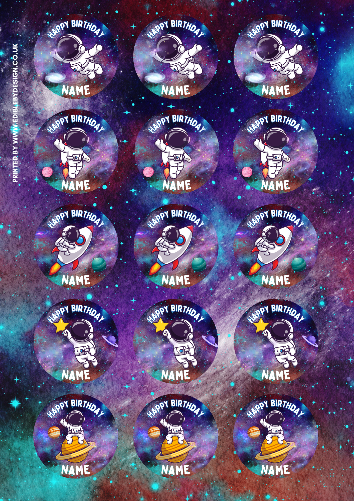 Space Astronaut Theme Birthday Cake Toppers Edible Circles Personalised Name and Age Matching Stickers Balloon Invitations Pack (Copy)