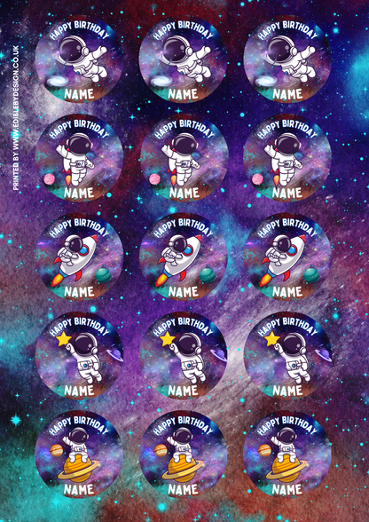 Space Astronaut Theme Birthday Cake Toppers Edible Circles Personalised Name and Age Matching Stickers Balloon Invitations Pack (Copy)