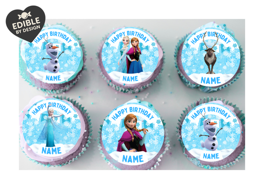 Frozen Ice Princess Theme Birthday Cake Toppers Edible Circles Personalised Name and Age Matching Stickers Balloon Invitations Pack