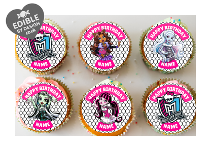Monster High Theme Birthday Cake Toppers Edible Circles Personalised Name and Age Matching Stickers Balloon Invitations Pack
