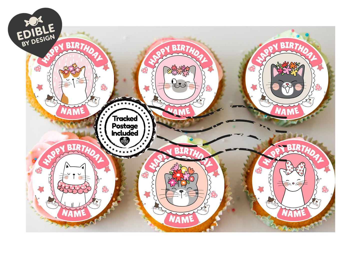 Cute Cat Personalised Birthday Cake Toppers Icing or Wafer matching Invitations Stickers Balloon Party Pack