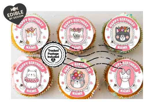 Cute Cat Personalised Birthday Cake Toppers Icing or Wafer matching Invitations Stickers Balloon Party Pack
