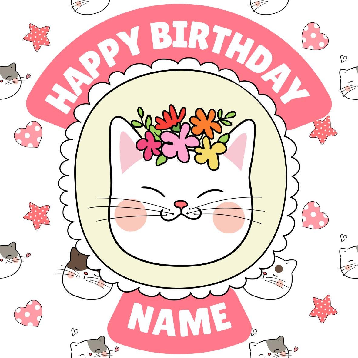 Cute Cat Personalised Birthday Cake Toppers Icing or Wafer matching Invitations Stickers Balloon Party Pack
