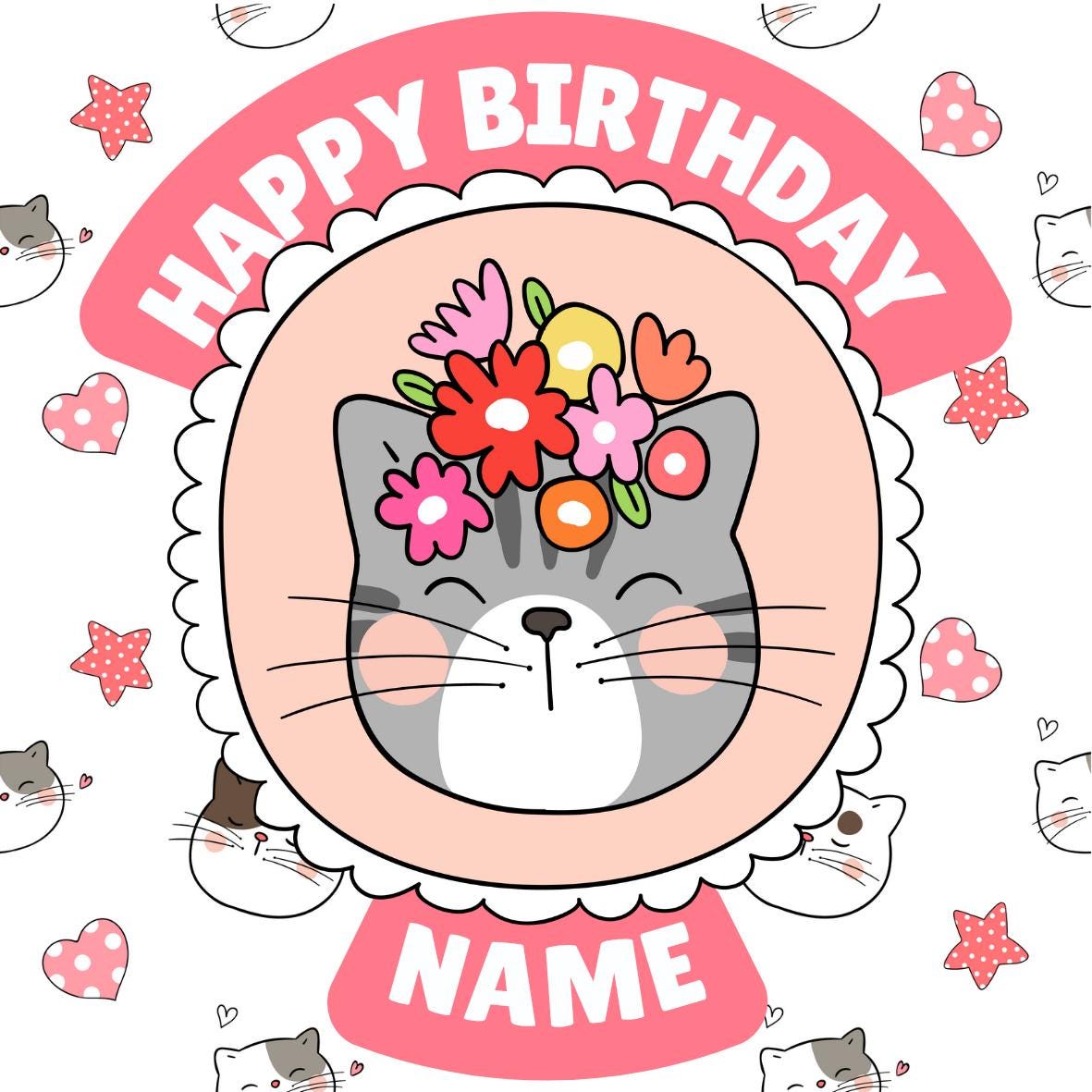 Cute Cat Personalised Birthday Cake Toppers Icing or Wafer matching Invitations Stickers Balloon Party Pack