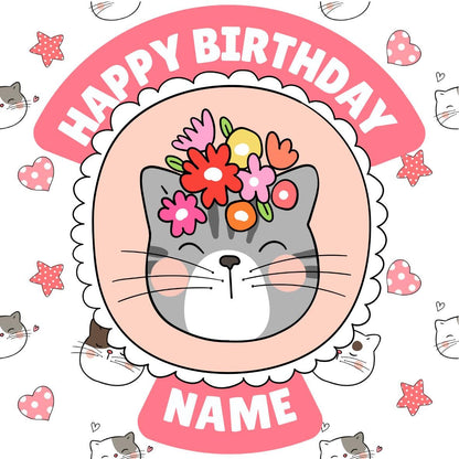 Cute Cat Personalised Birthday Cake Toppers Icing or Wafer matching Invitations Stickers Balloon Party Pack
