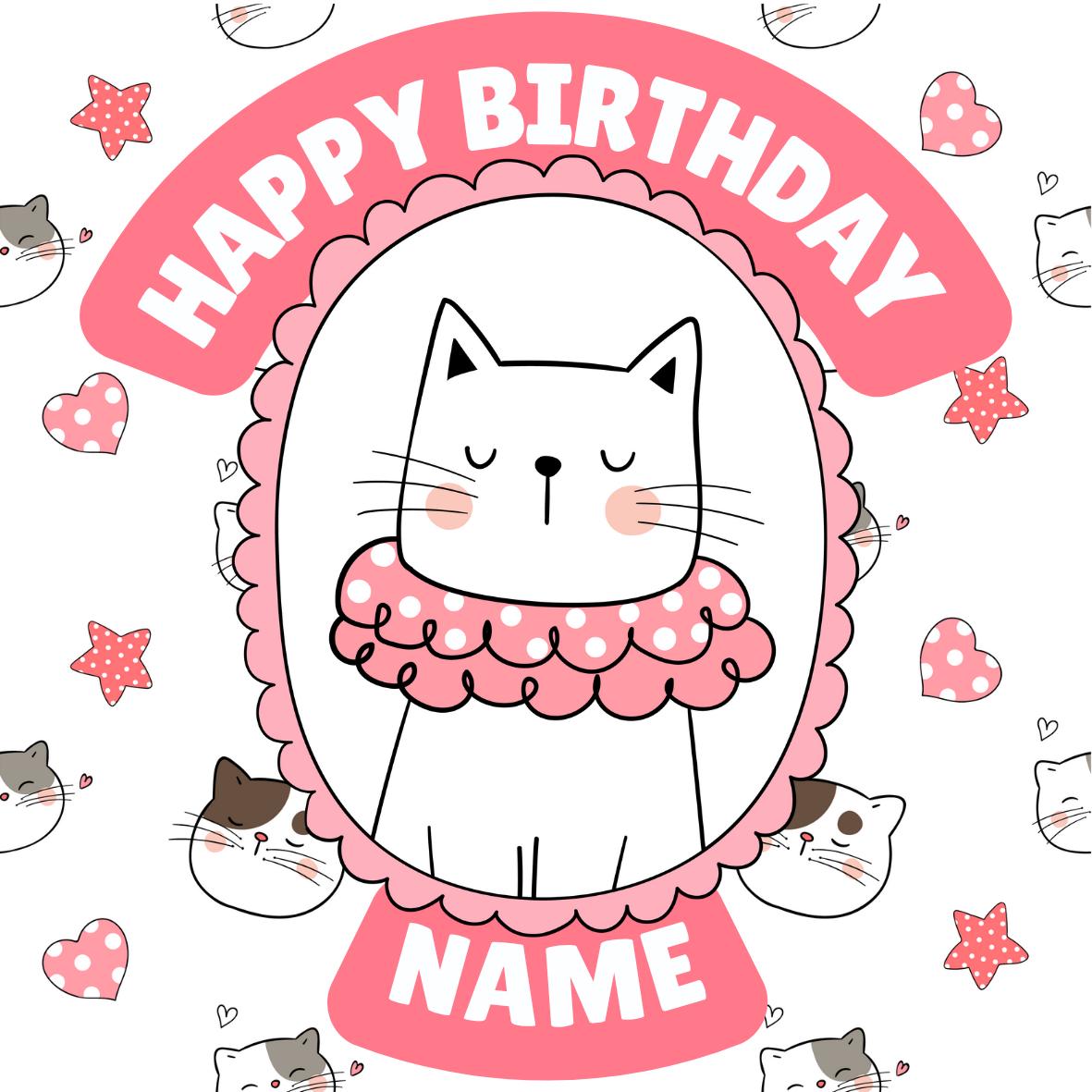 Cute Cat Personalised Birthday Cake Toppers Icing or Wafer matching Invitations Stickers Balloon Party Pack