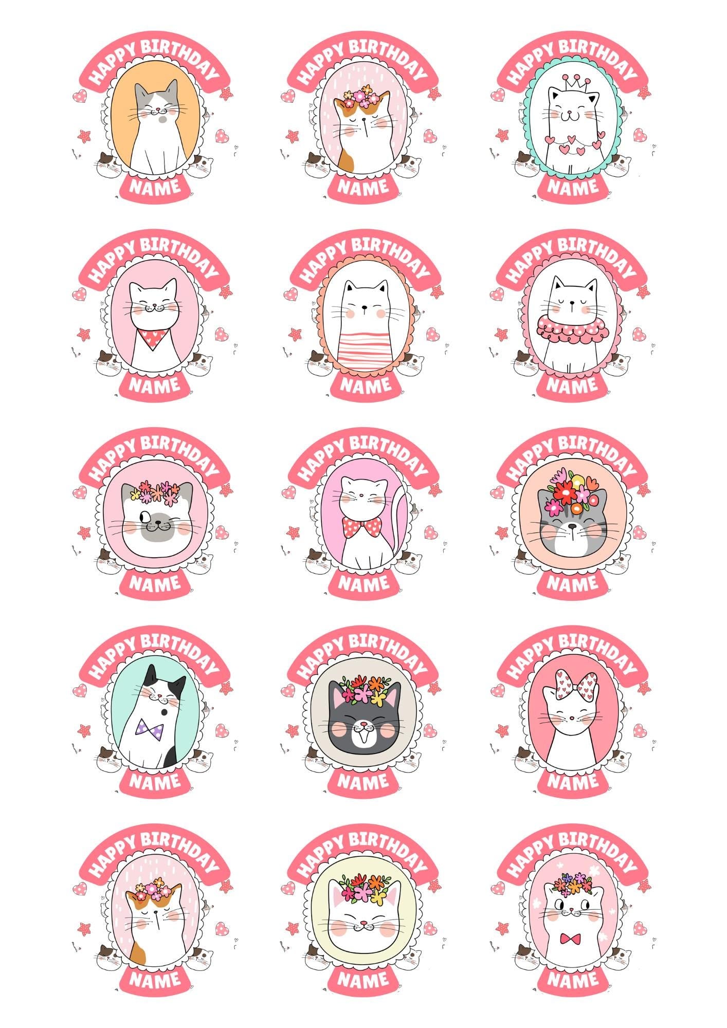 Cute Cat Personalised Birthday Cake Toppers Icing or Wafer matching Invitations Stickers Balloon Party Pack