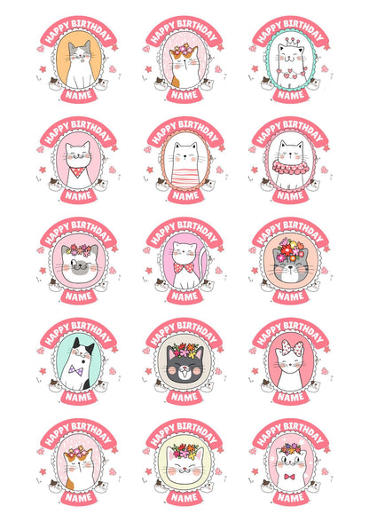Cute Cat Personalised Birthday Cake Toppers Icing or Wafer matching Invitations Stickers Balloon Party Pack