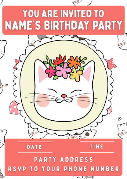 Cute Cat Personalised Birthday Cake Toppers Icing or Wafer matching Invitations Stickers Balloon Party Pack
