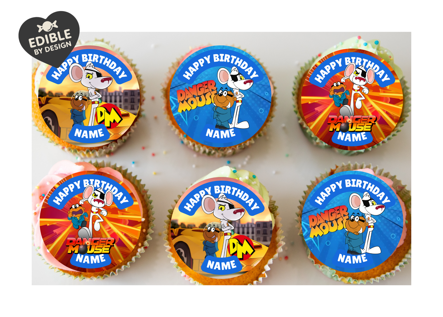 Dangermouse Theme Birthday Cake Toppers Edible Circles Personalised Name and Age Matching Stickers Balloon Invitations Pack