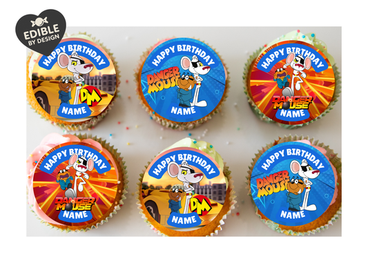 Dangermouse Theme Birthday Cake Toppers Edible Circles Personalised Name and Age Matching Stickers Balloon Invitations Pack