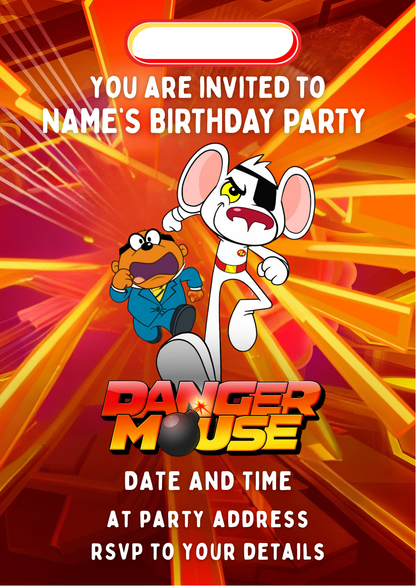 Dangermouse Theme Birthday Cake Toppers Edible Circles Personalised Name and Age Matching Stickers Balloon Invitations Pack