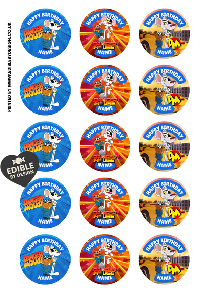 Dangermouse Theme Birthday Cake Toppers Edible Circles Personalised Name and Age Matching Stickers Balloon Invitations Pack