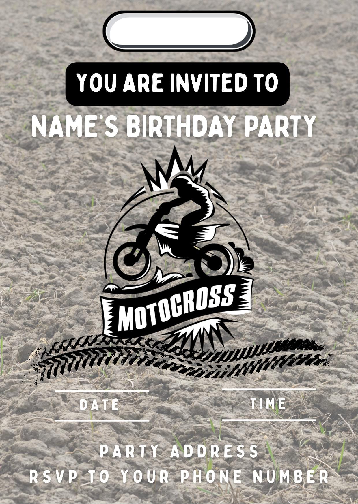 Dirt Bike Motocross Personalised Birthday Cake Toppers matching Invitations Stickers Balloon Party Pack