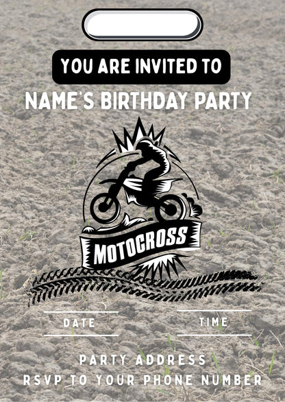 Dirt Bike Motocross Personalised Birthday Cake Toppers matching Invitations Stickers Balloon Party Pack