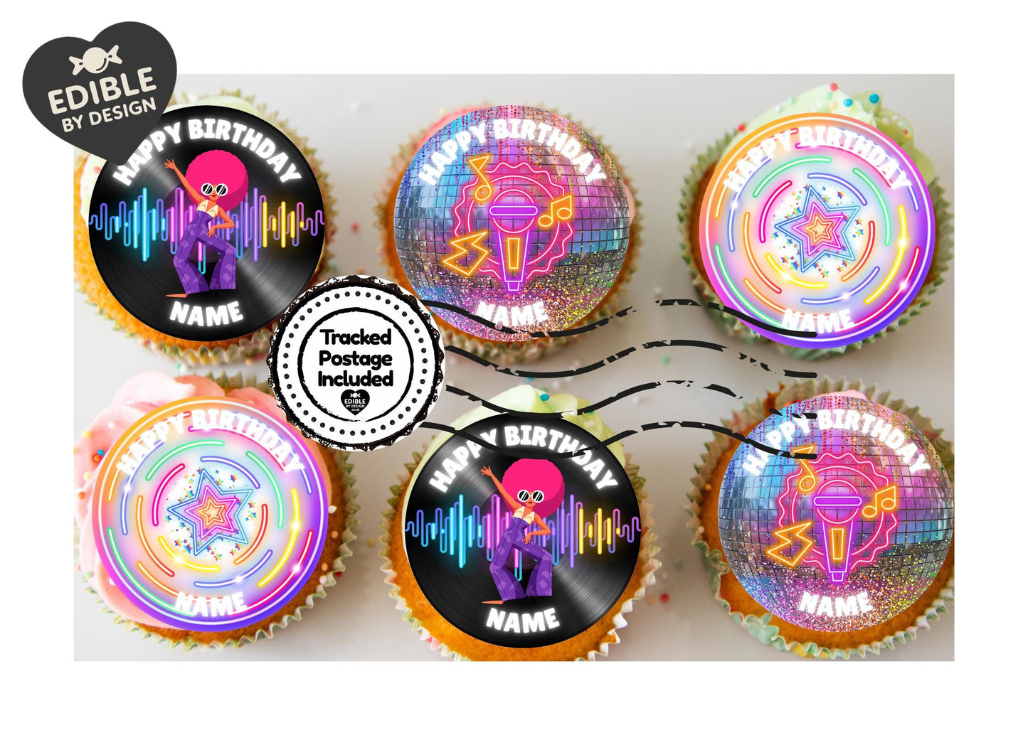 Disco Party Birthday Cake Toppers Edible Images on Icing or Wafer: Stickers Invites Balloon