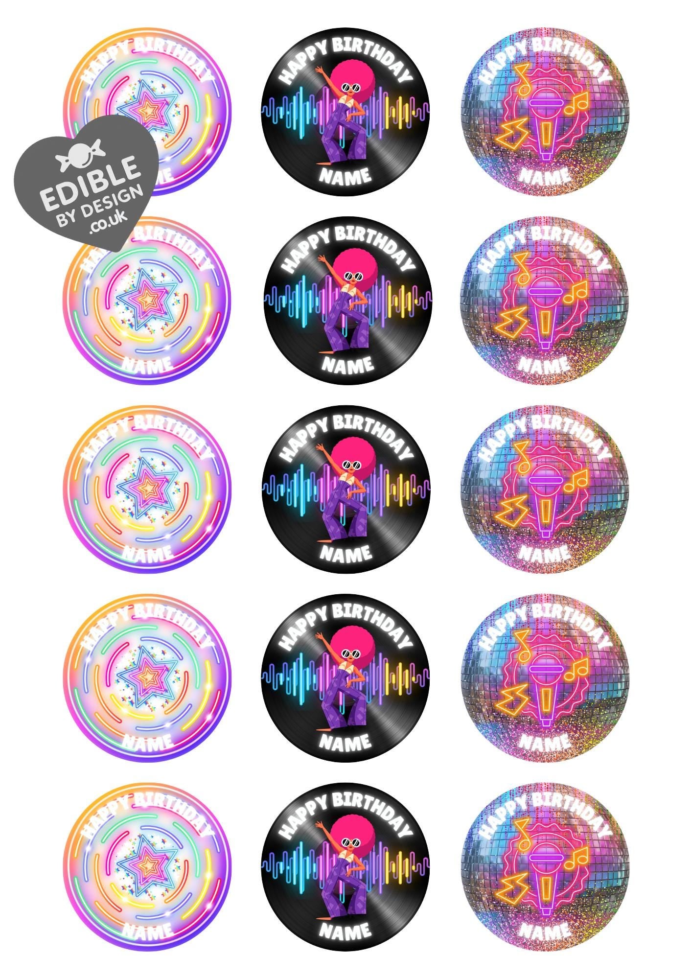 Disco Party Birthday Cake Toppers Edible Images on Icing or Wafer: Stickers Invites Balloon