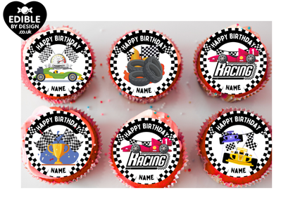 Formula 1 F1 Theme Birthday Cake Toppers Edible Circles Personalised Name and Age Matching Stickers Balloon Invitations Pack