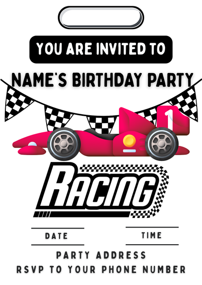 Formula 1 F1 Theme Birthday Cake Toppers Edible Circles Personalised Name and Age Matching Stickers Balloon Invitations Pack