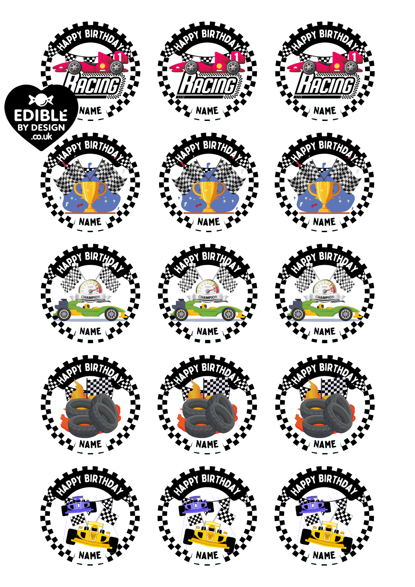 Formula 1 F1 Theme Birthday Cake Toppers Edible Circles Personalised Name and Age Matching Stickers Balloon Invitations Pack
