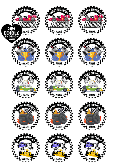 Formula 1 F1 Theme Birthday Cake Toppers Edible Circles Personalised Name and Age Matching Stickers Balloon Invitations Pack