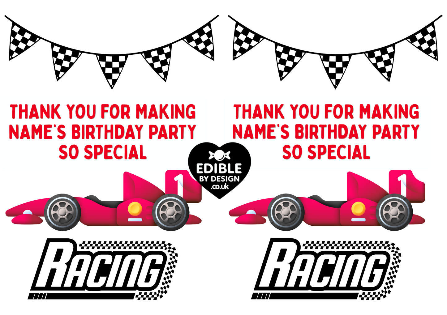 Formula 1 F1 Theme Birthday Cake Toppers Edible Circles Personalised Name and Age Matching Stickers Balloon Invitations Pack