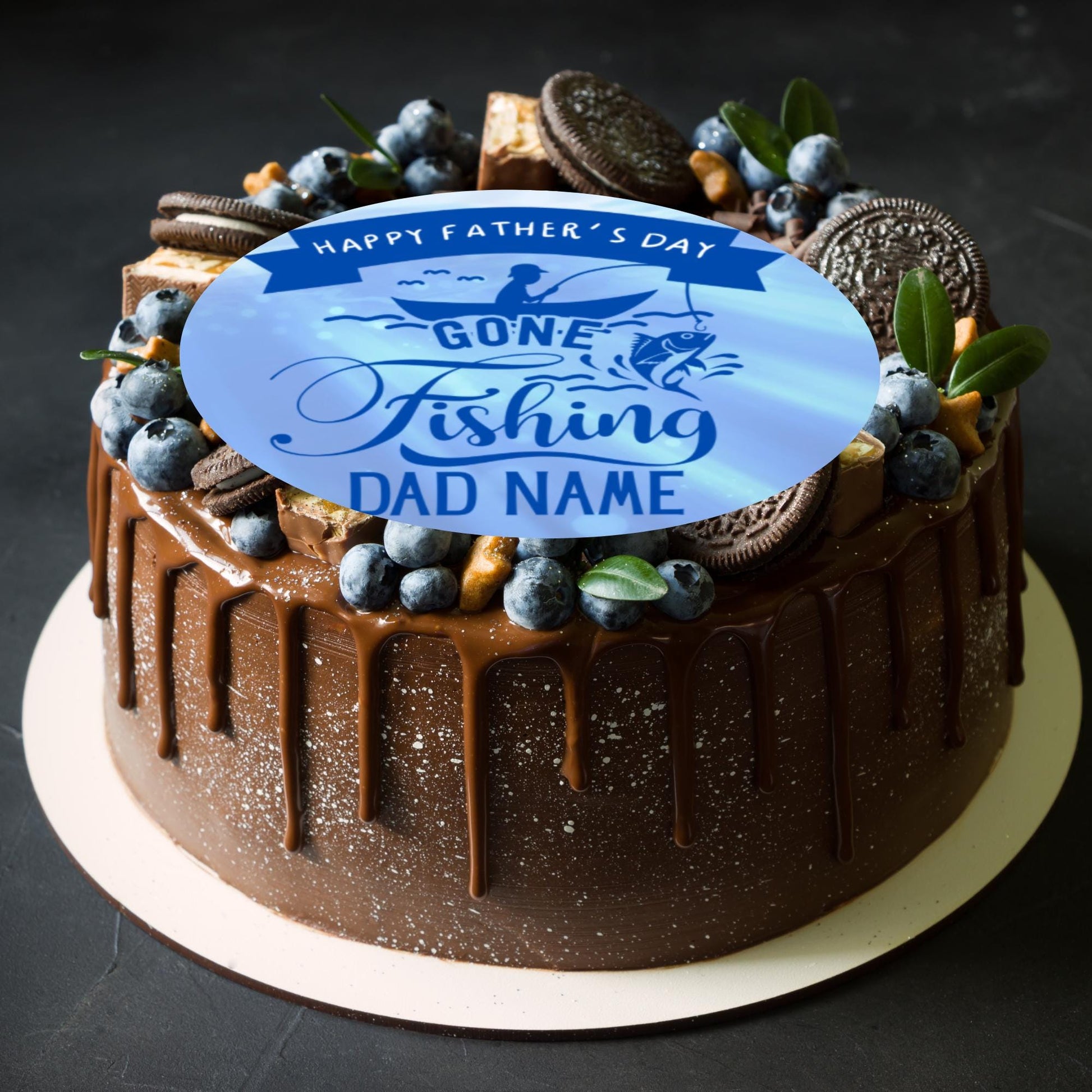 Fishing Theme Fathers Day Personalised Cake Toppers Edible Icing or Wafer, also Matching Foil Balloon