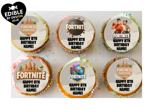 Fortnite Theme Birthday Cake Toppers Edible Circles Personalised Name and Age Matching Stickers Balloon Invitations Pack