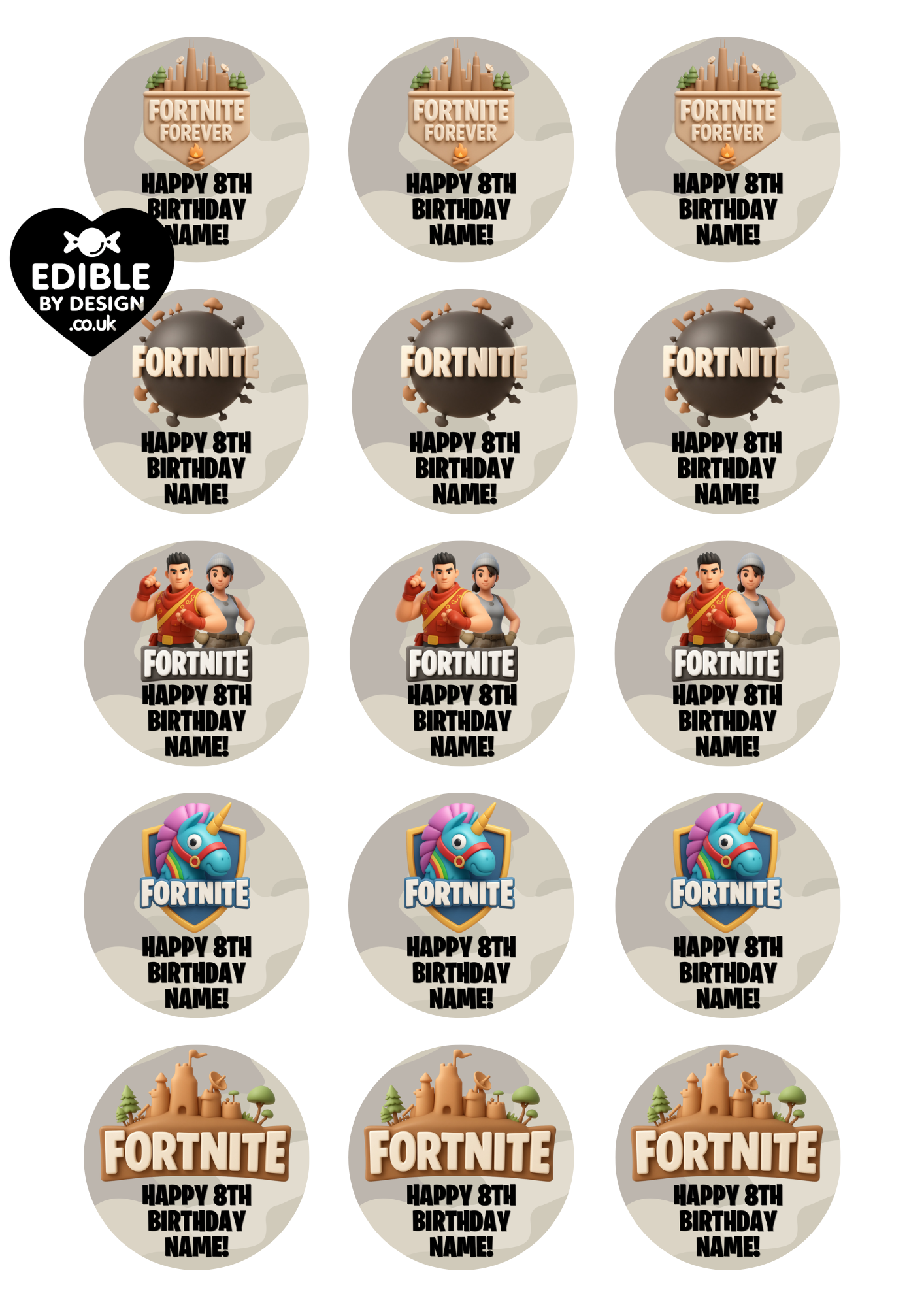 Fortnite Theme Birthday Cake Toppers Edible Circles Personalised Name and Age Matching Stickers Balloon Invitations Pack
