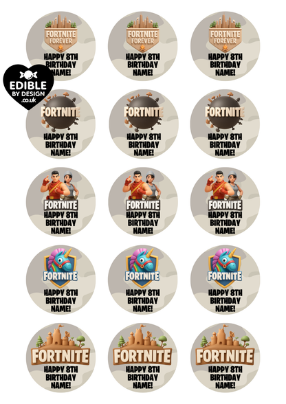 Fortnite Theme Birthday Cake Toppers Edible Circles Personalised Name and Age Matching Stickers Balloon Invitations Pack