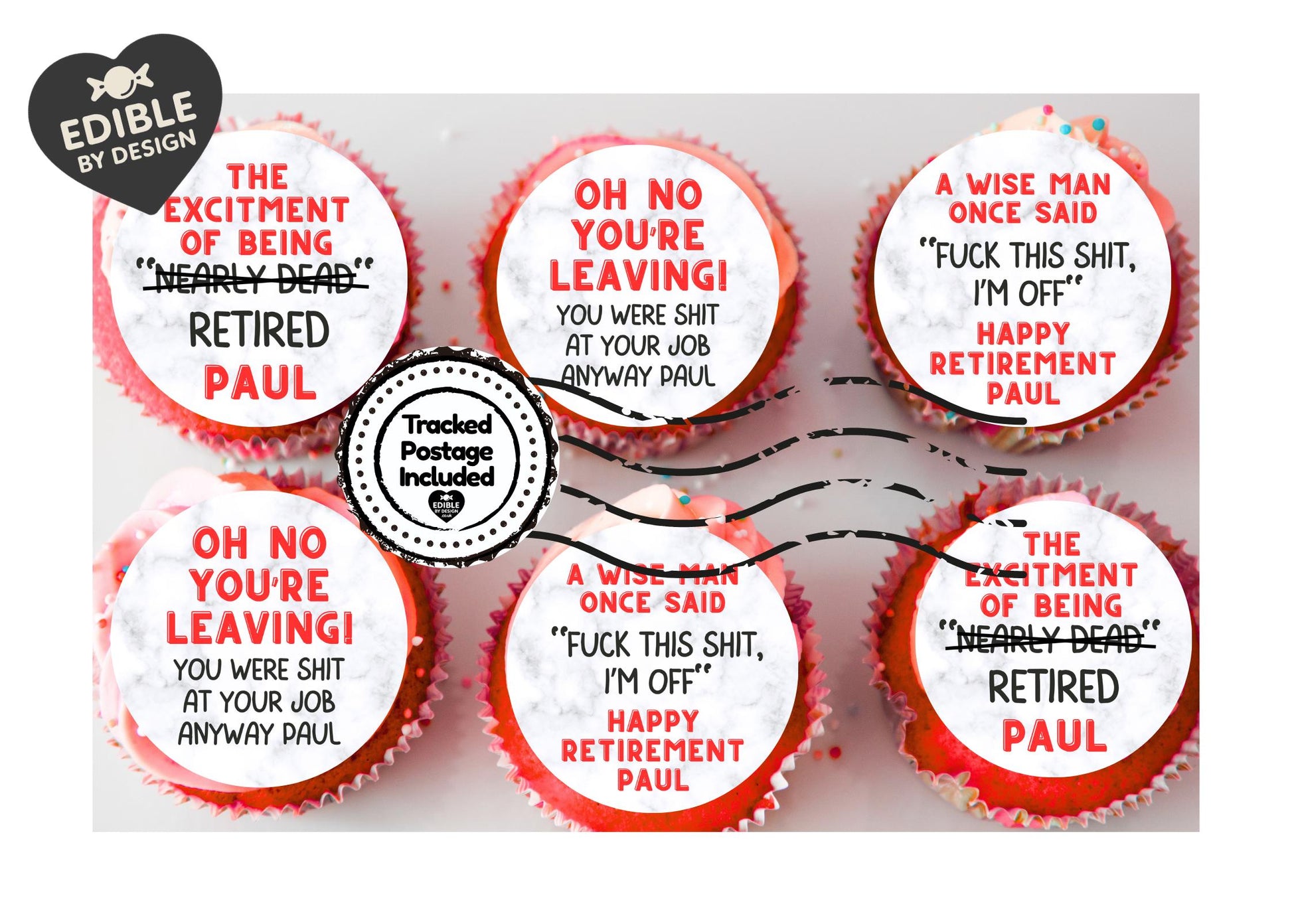 Funny Rude Retirement Cupcake Toppers: Personalised Edible Icing or Wafer
