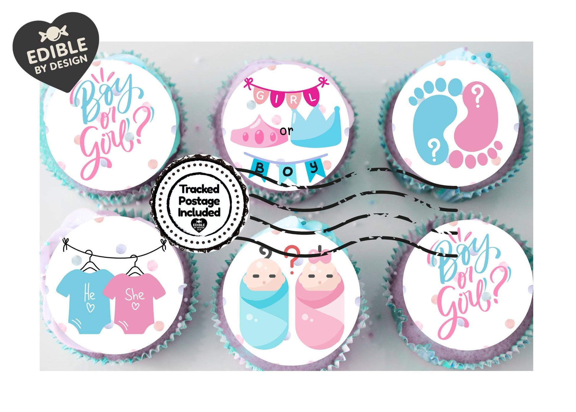 Gender Reveal Baby Shower Party Cake Toppers Pink or Blue Baby matching Stickers & Balloon available