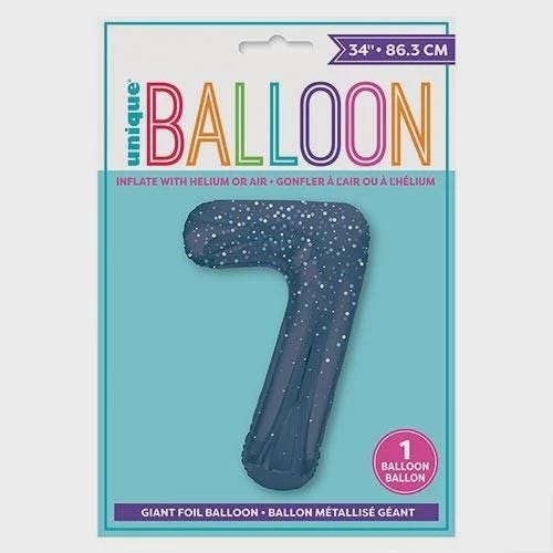 Giant Blue Glitter Number 7 Foil Balloon - Unique - 34" high max Age 7 Balloon for Helium or Air