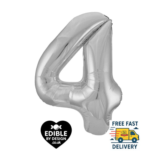 Giant Silver Number 4 Foil Balloon - Unique - 34" high max Age 4 Balloon for Helium or Air