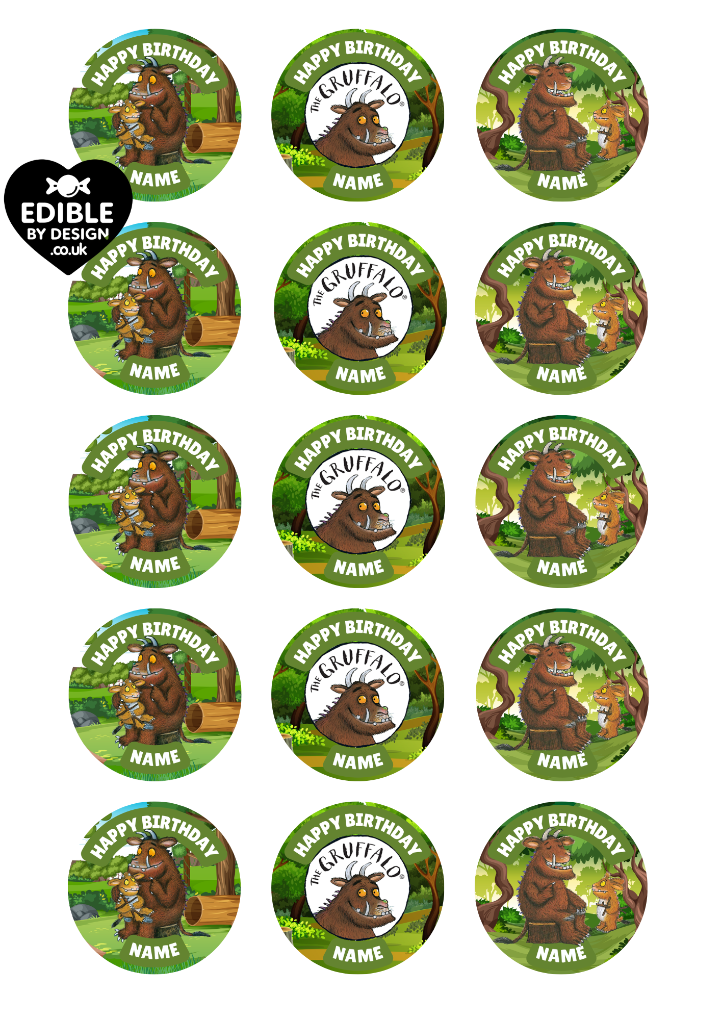Gruffalo Theme Birthday Cake Toppers Edible Circles Personalised Name and Age Matching Stickers Balloon Invitations Pack