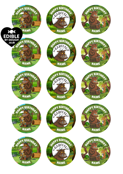 Gruffalo Theme Birthday Cake Toppers Edible Circles Personalised Name and Age Matching Stickers Balloon Invitations Pack