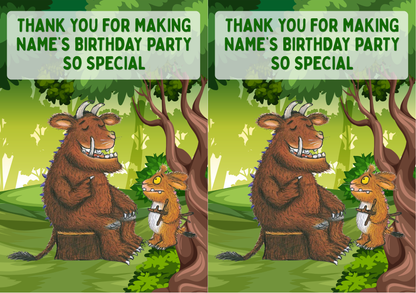 Gruffalo Theme Birthday Cake Toppers Edible Circles Personalised Name and Age Matching Stickers Balloon Invitations Pack