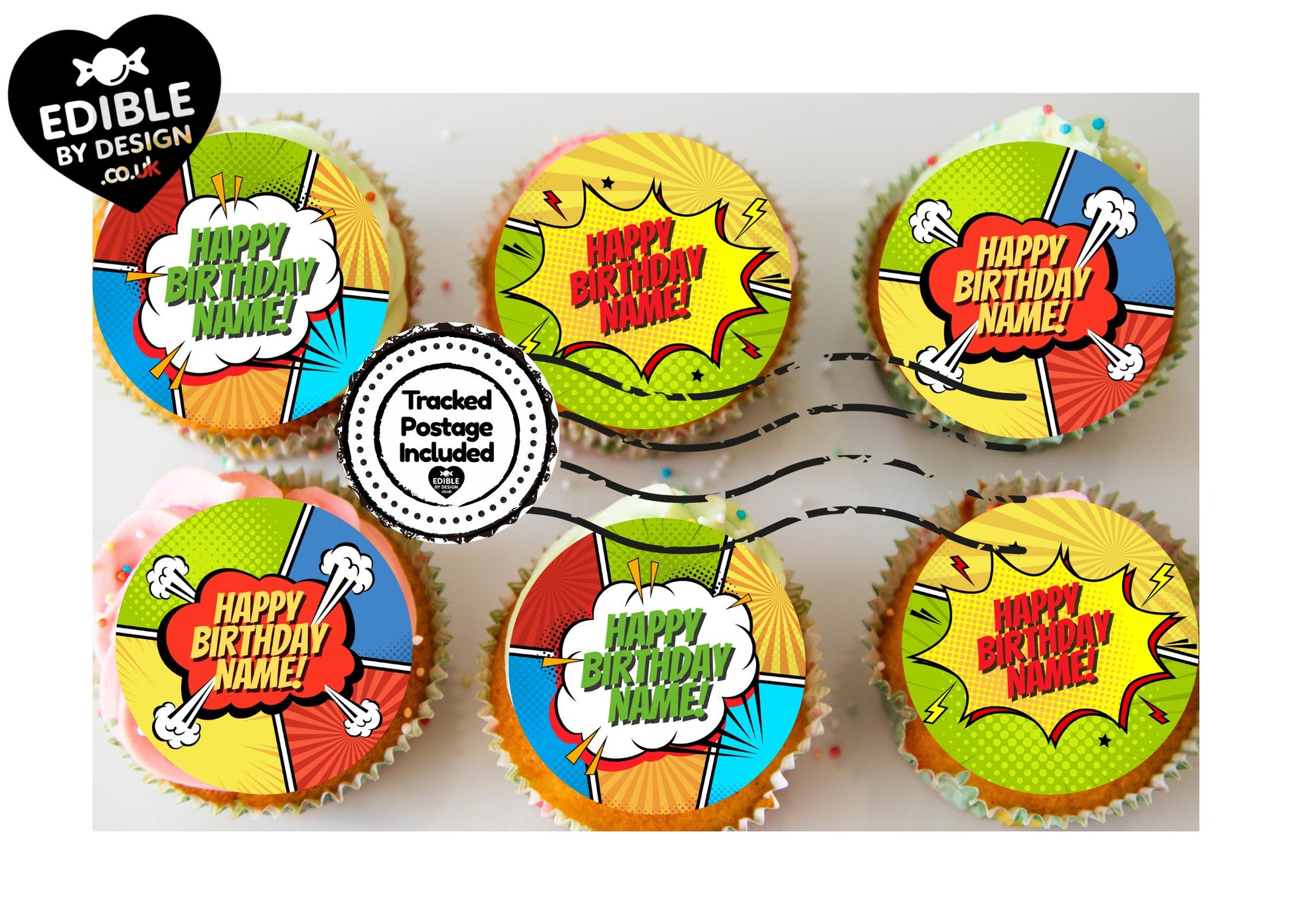 Happy Birthday Personalised Cake Toppers: Fun Retro Design Edible Image Circles on Icing or Wafer